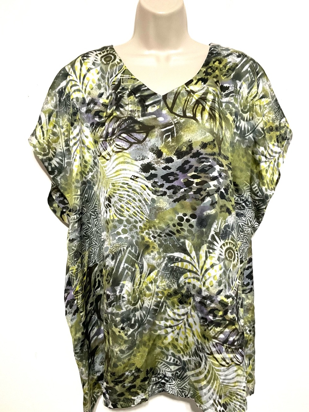 V-Neck Olive Green Abstract Print Tunic Top